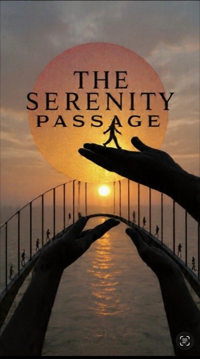 The Serenity Passage logo: hands lifting a walking figure beneath a rising sun, above a bridge over the water