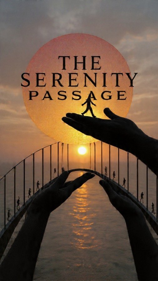 The Serenity Passage logo: hands lifting a walking figure beneath a rising sun, over a bridge crossing the water